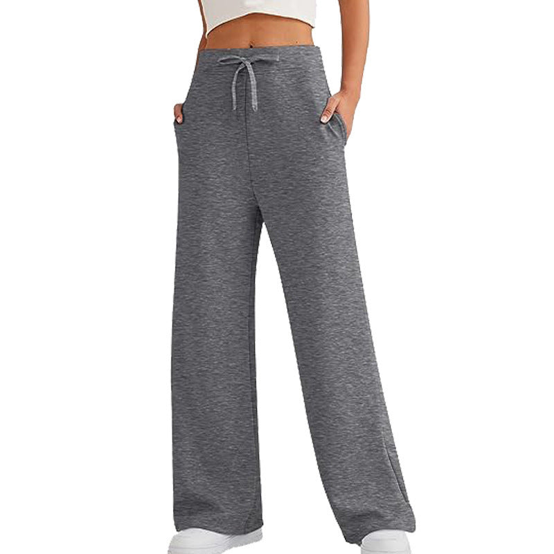 Women's heather gray wide-leg pants with elastic drawstring waist and side pockets