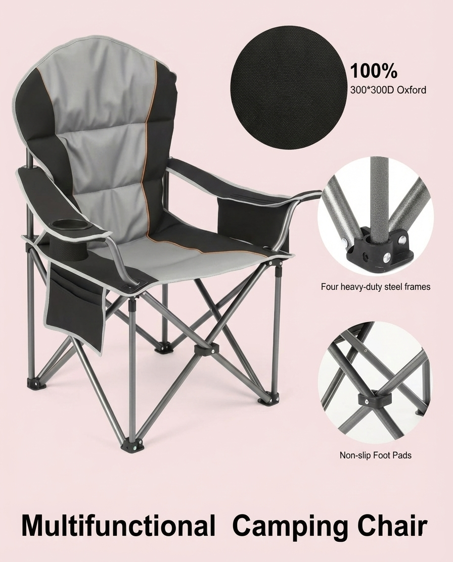 Grey and black folding camping chair with padded backrest and steel cross-frame