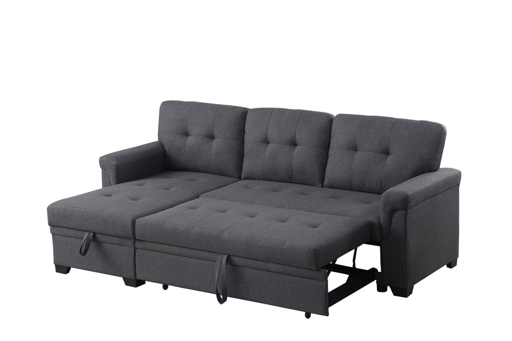 Dark gray sectional sofa with chaise bed style, tufted back panels and side storage.