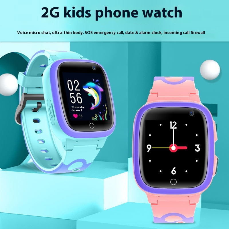Blue and pink children's smart watches with square touch screens and silicone straps