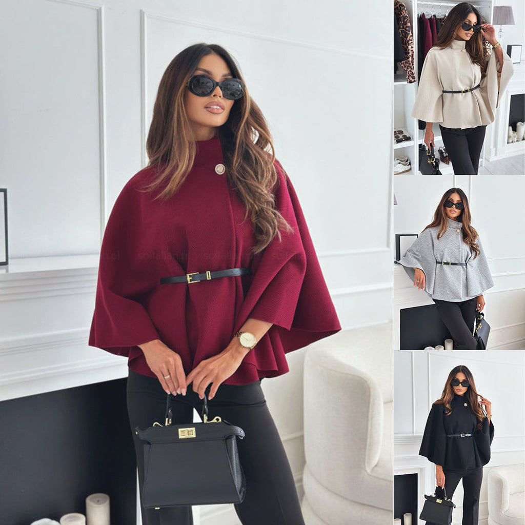Women’s wine red cloak top with stand collar, batwing sleeves, and waist belt