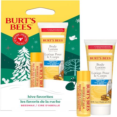 Hive favorites gift set featuring body lotion tube, lip balm tube, and box front