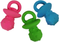 Set of three mini latex pacifiers in pink, green, and blue
