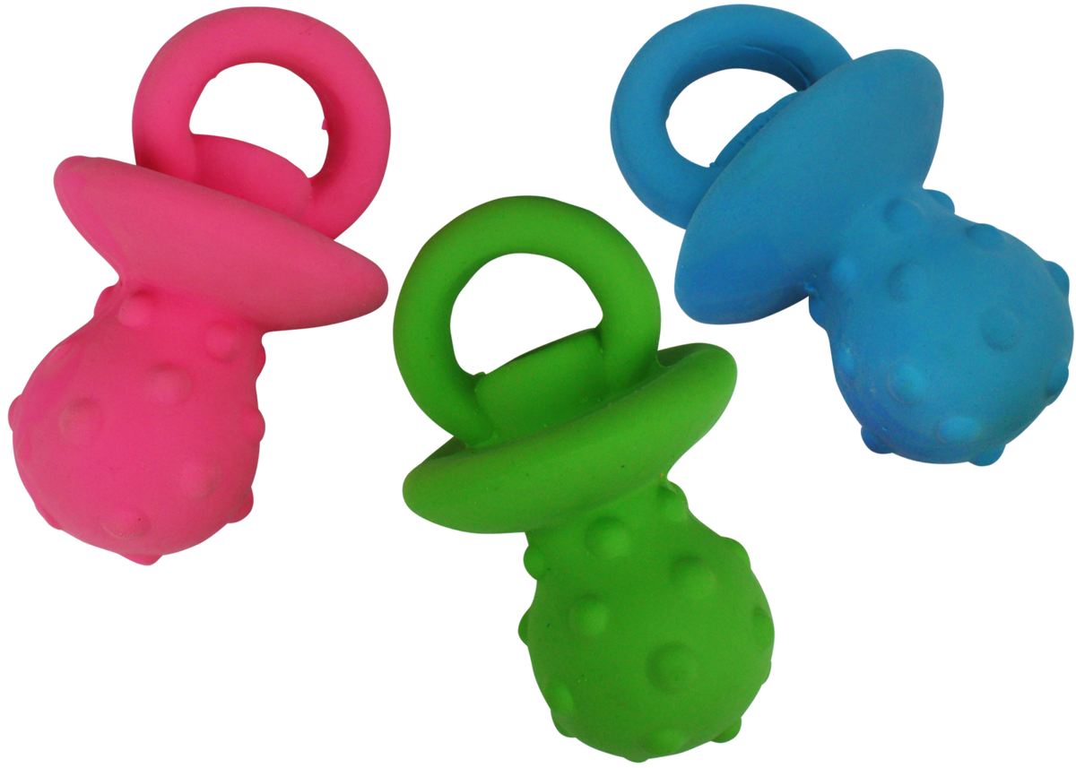 Set of three mini latex pacifiers in pink, green, and blue