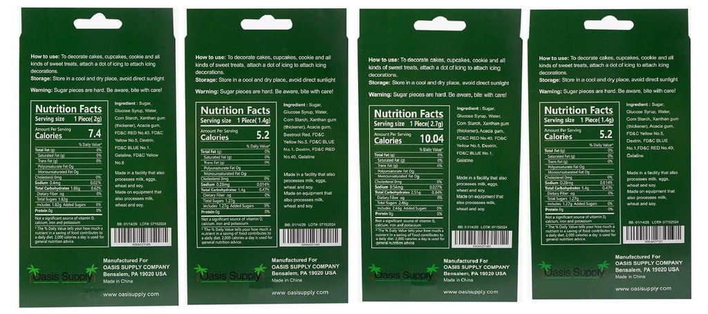 Back panel of boxed edible icing cake decorations with nutrition facts and bar code