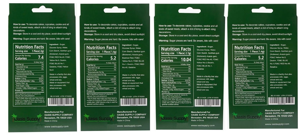Back panel of boxed edible icing cake decorations with nutrition facts and bar code