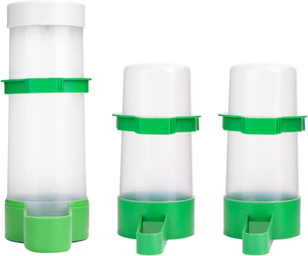 Green and clear bird feeder set with one tall seed feeder and two water dispensers
