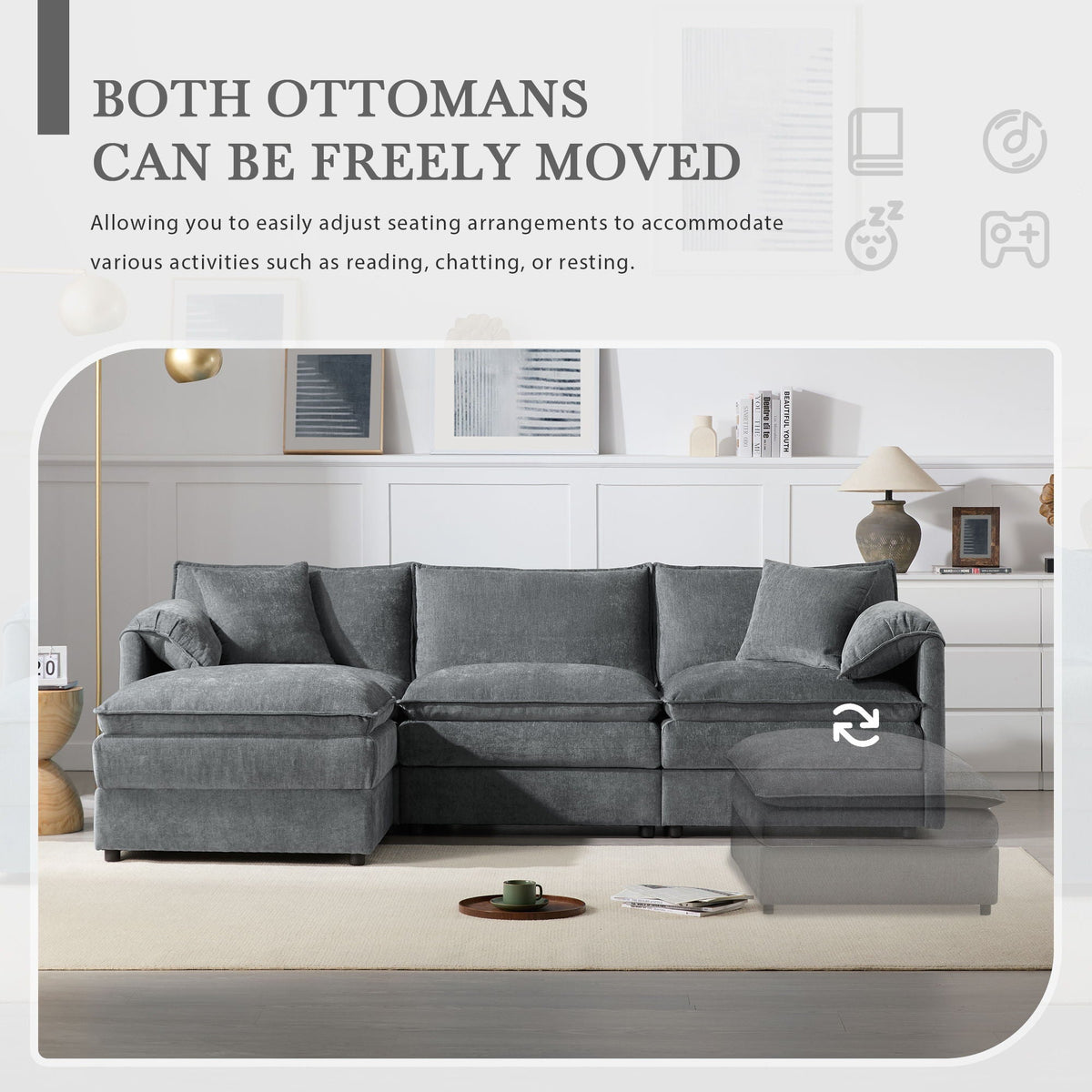 Dark gray sectional sofa with two movable ottomans and deep, wide seating