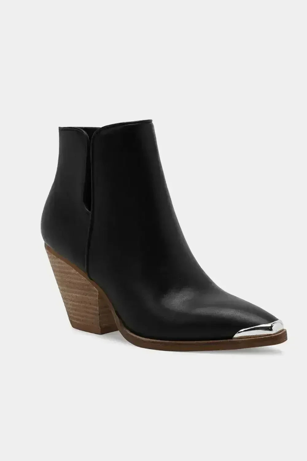 Black faux-leather ankle boots with pointed metal toe and block heel, side view