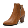 Caramel PU leather block heel ankle boot with side zipper and stitched accent seam