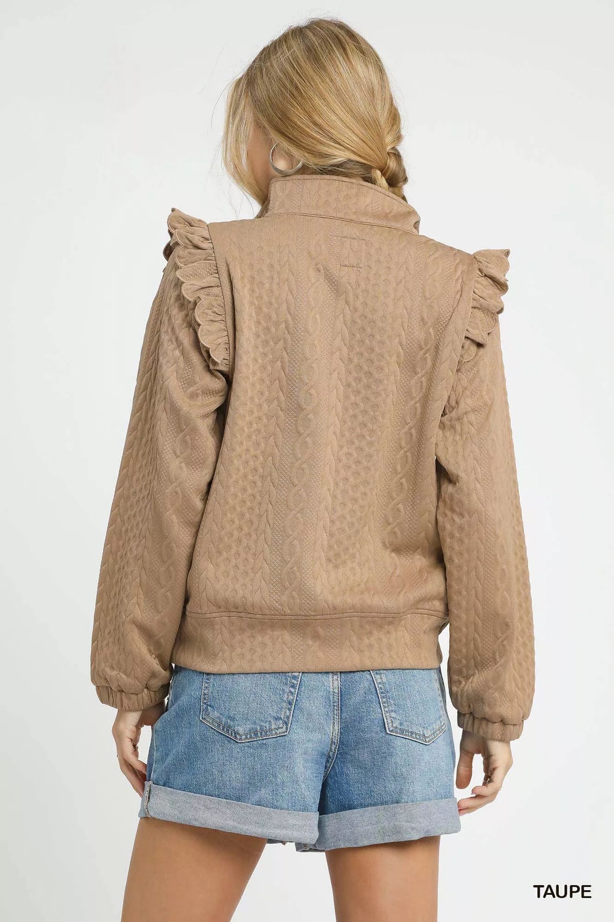 Taupe textured cable knit pullover with ruffle shoulders, back view
