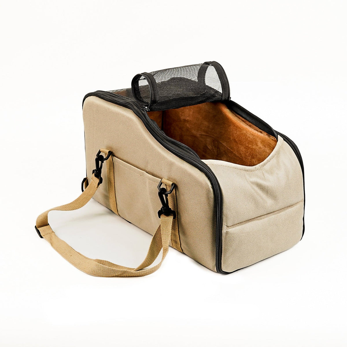 Beige portable pet car seat cushion with front zipper pockets and adjustable shoulder strap
