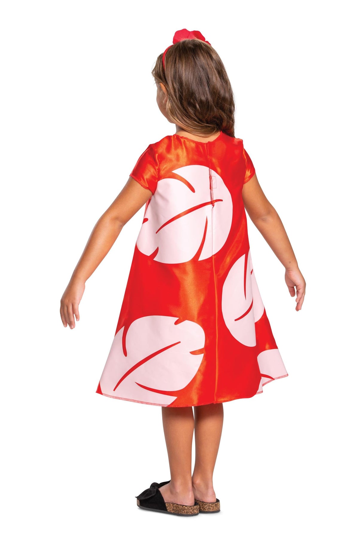 Girls red graphic costume dress with short sleeves and A-line skirt, back view