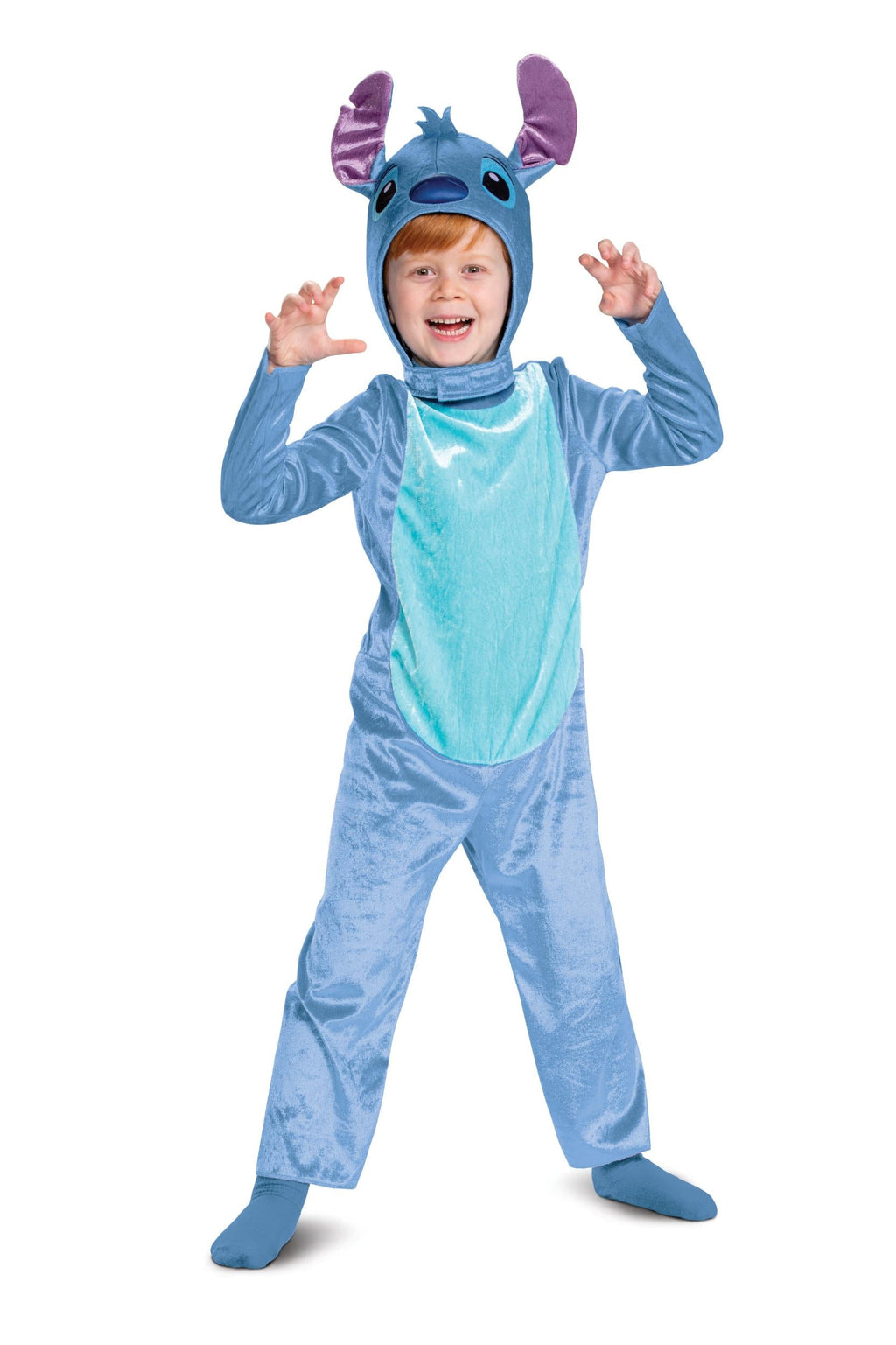 Child blue Stitch-style jumpsuit costume with hood and purple character ears