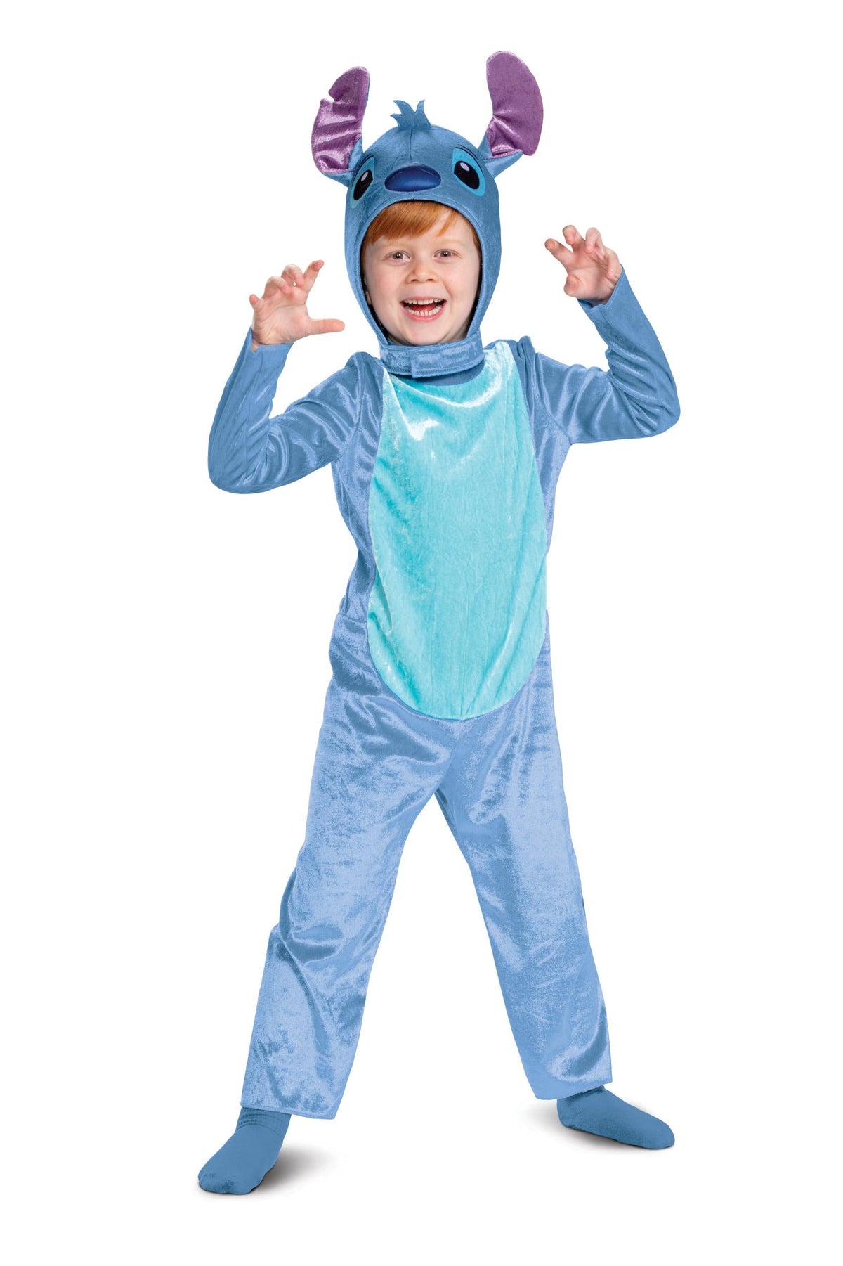 Child blue Stitch-style jumpsuit costume with hood and purple character ears