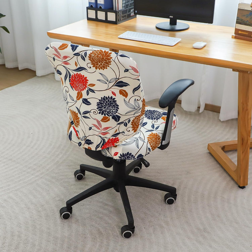 Stretch office chair cover with white floral design covering seat, backrest, and arms