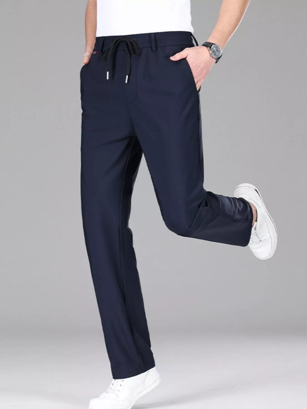 Lightweight drawstring casual pants in navy blue, relaxed fit with ankle-length cuff