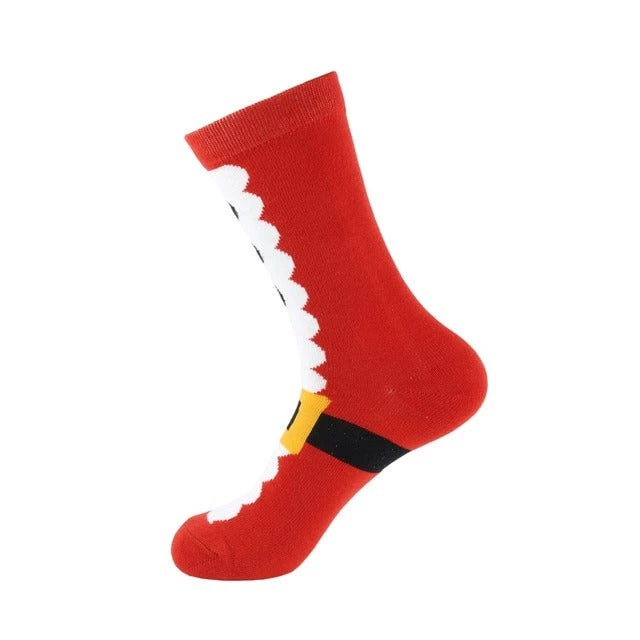 Red Santa socks with white scalloped fur trim and black-and-yellow buckle detail