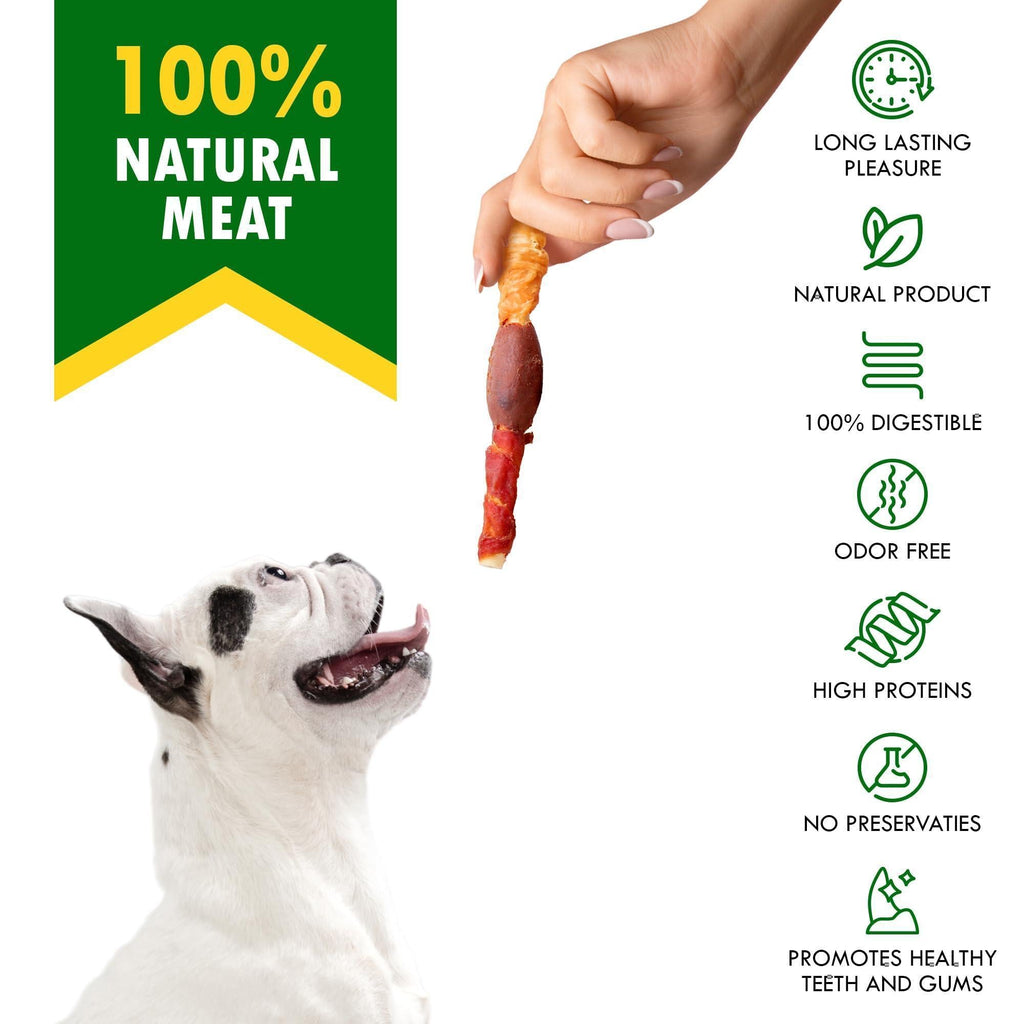 Single rawhide duck-and-chicken chew held by hand with front pack branding