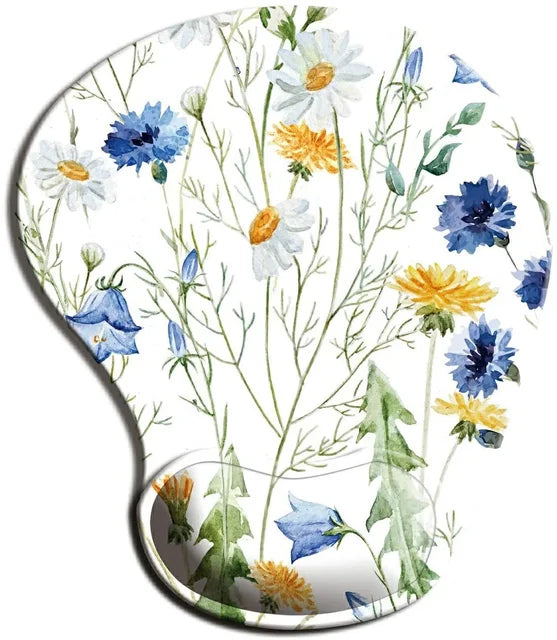 Ergonomic mouse pad wrist rest with white wildflower watercolor print and curved notch