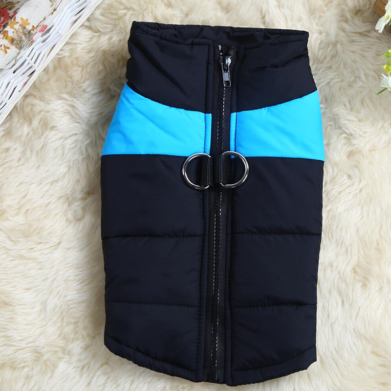 Pet puffer ski suit vest in black with bright blue stripe and front zipper