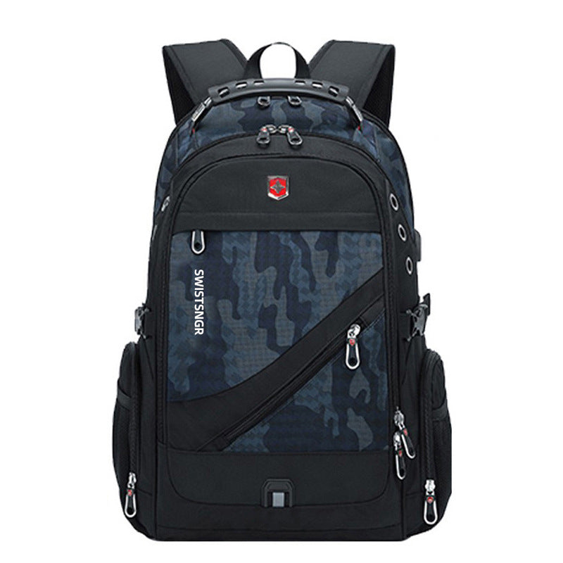 Black backpack with blue camouflage front panel, zip pockets, and padded shoulder straps