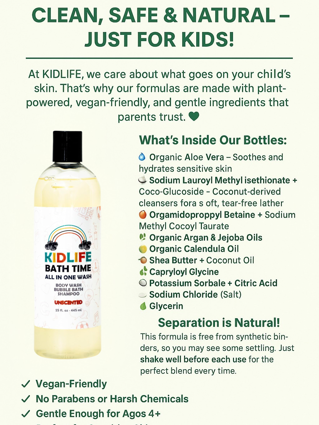Kids 3-in-1 bath time bottle with black cap, shown with label detail