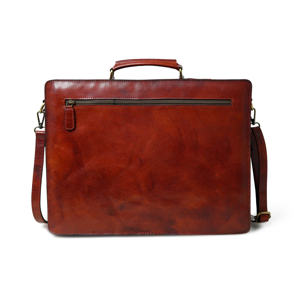 Brown leather briefcase with top handle, front zip pocket, and adjustable shoulder strap