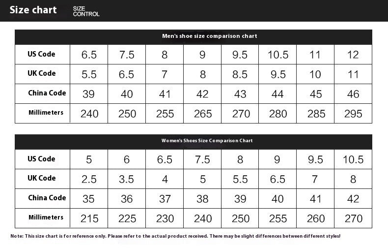 Men's shoe size chart comparing US, UK, China sizes and millimeter measurements.