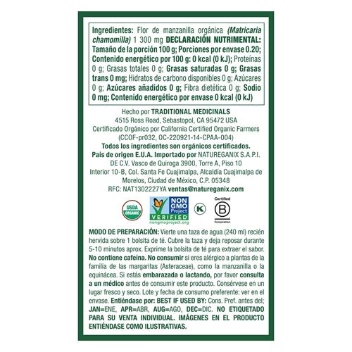 Organic chamomile tea box back with ingredients list and USDA Organic certification