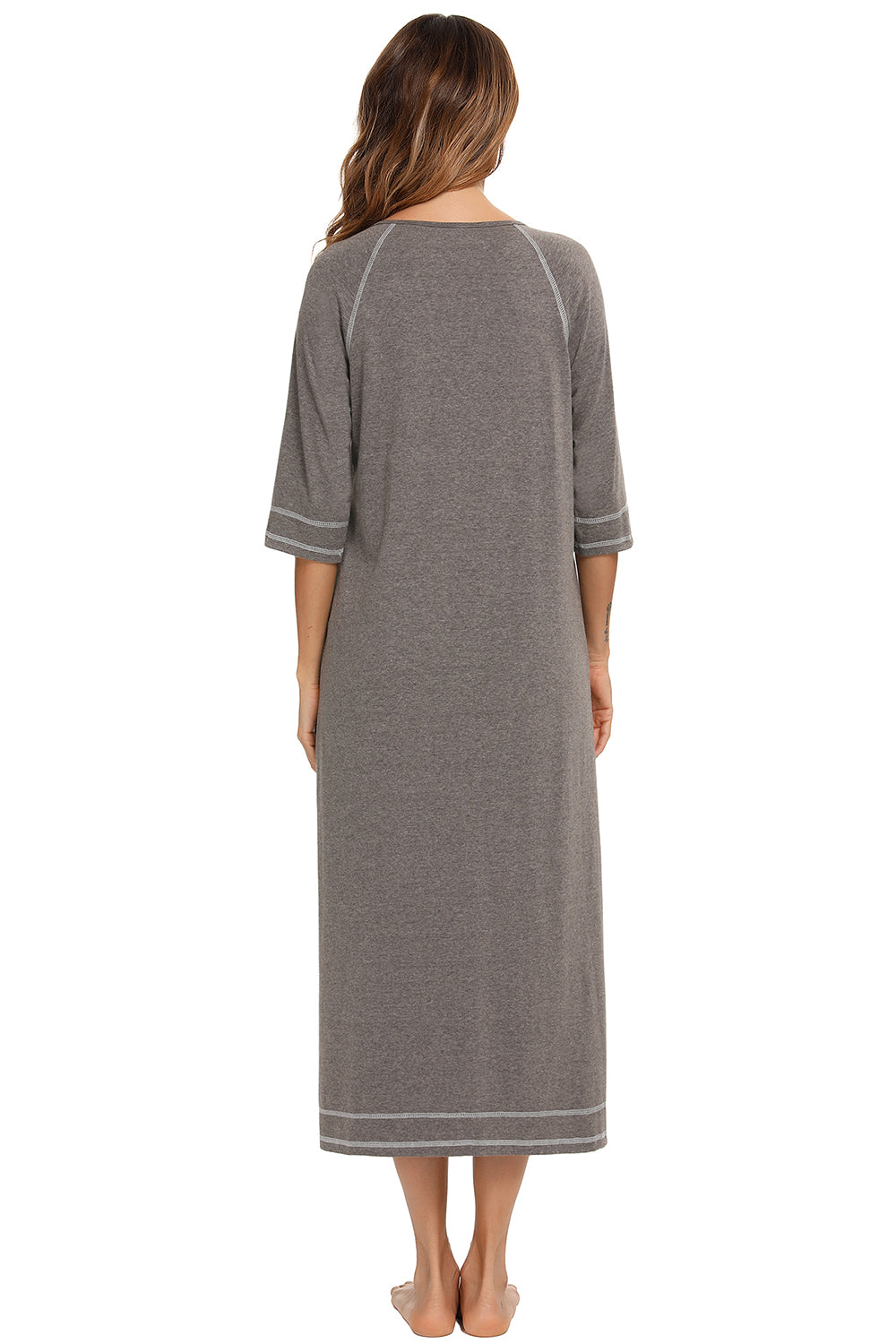 Heather gray zip-up night dress with round neck, slit hem, and side pockets