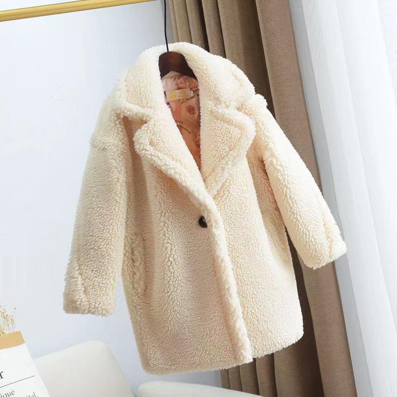 Girls' cream sherpa coat with hood, button front, long sleeves