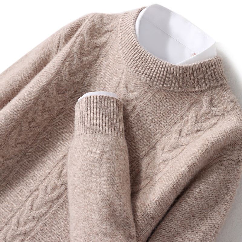 Men's wool half turtleneck cable knit sweater, taupe knit texture detail