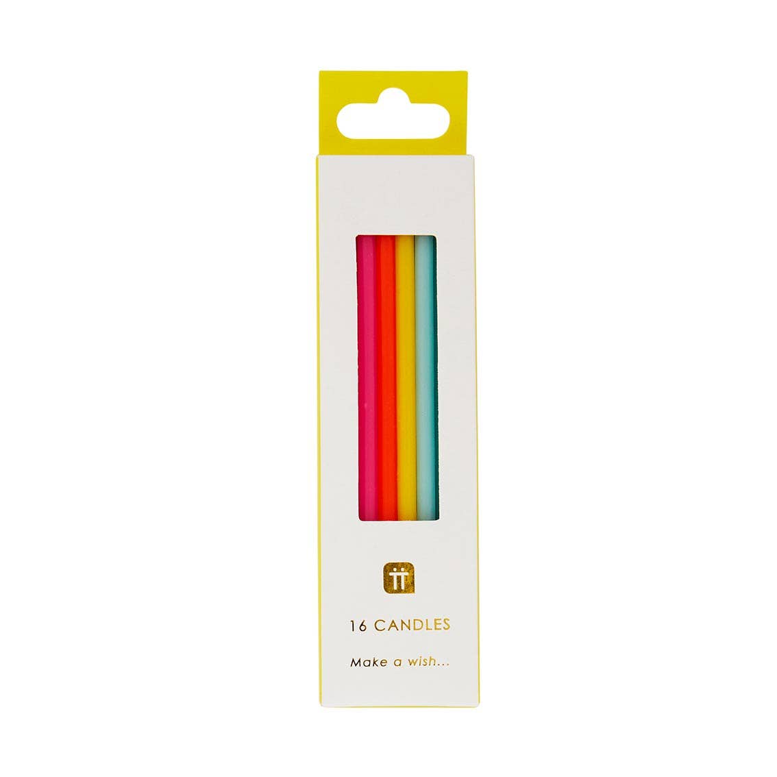 Tall rainbow birthday candles 16-pack in retail box