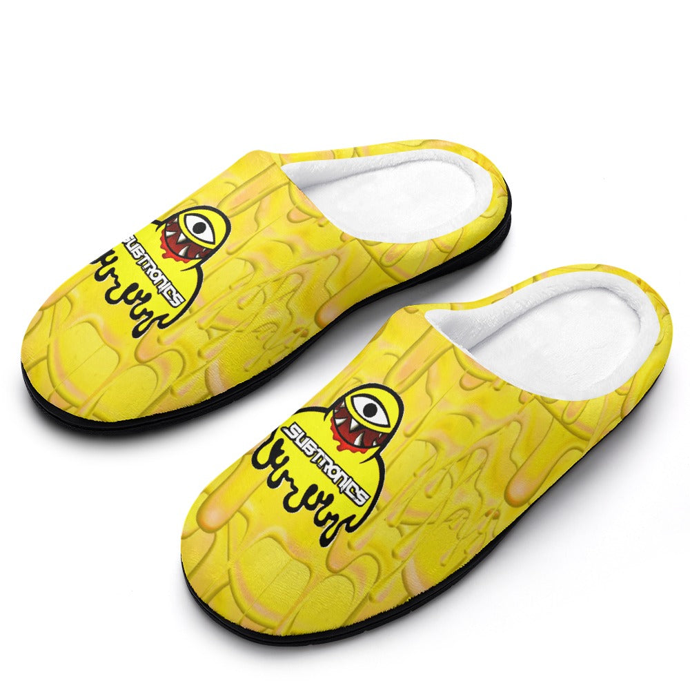 Cotton slippers in bright yellow with illustrated eye logo, white interior, black sole