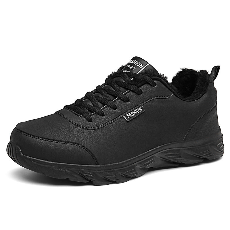 Men's winter sneakers, black leather-look upper with plush collar and lace-up design