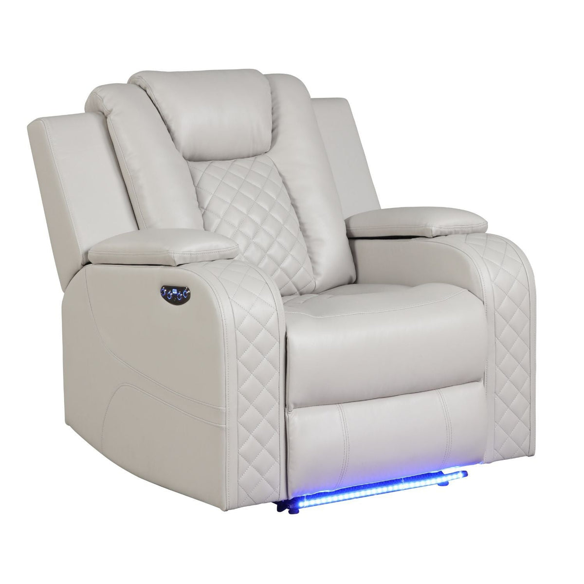 Beige LED power recliner chair with diamond-stitch padding and side control panel