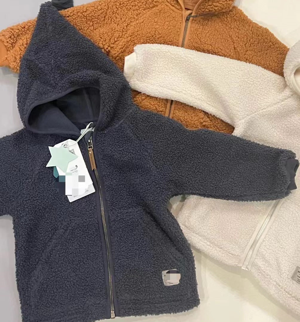 Kids fleece zip-up jacket, dark navy teddy pile, hooded, front zipper and pocket