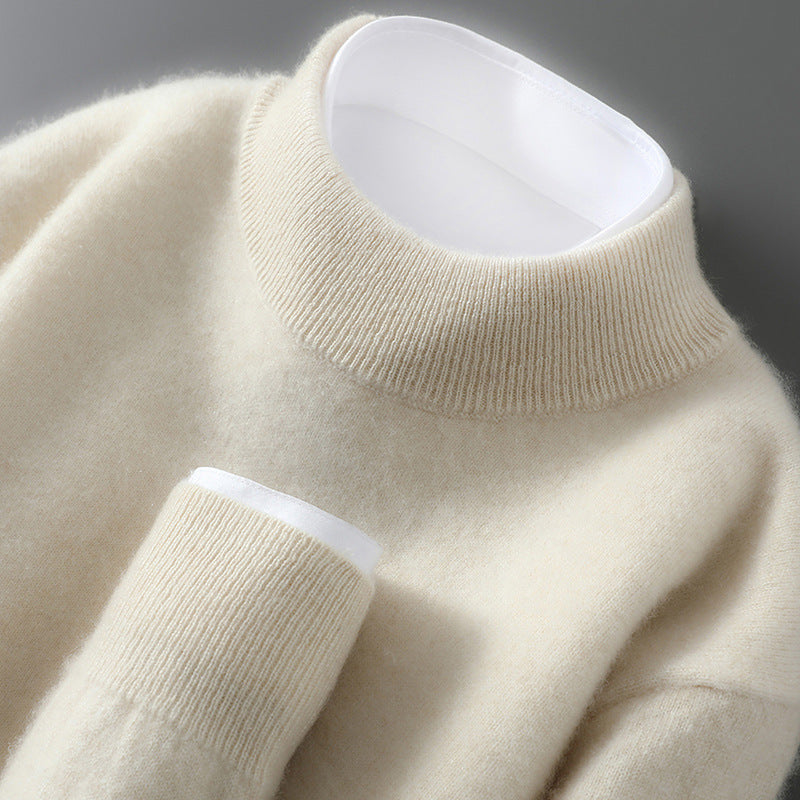 Men's cashmere base-layer sweater in cream, crew neck, ribbed collar and sleeve cuffs.
