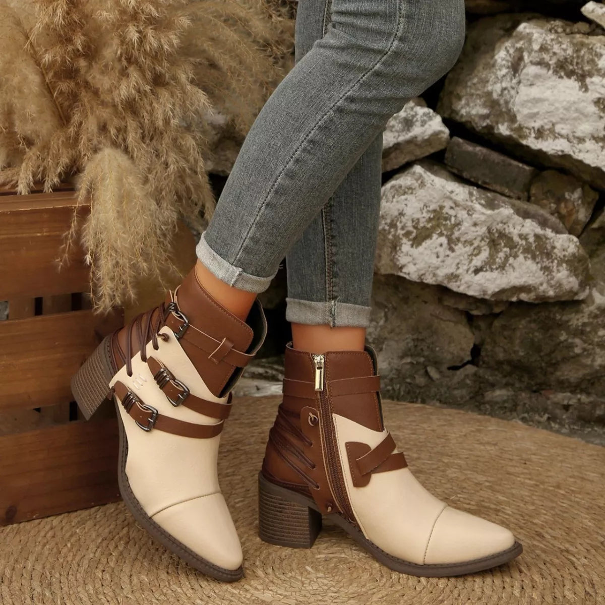 Rice brown point-toe ankle boots with buckle straps and block heels