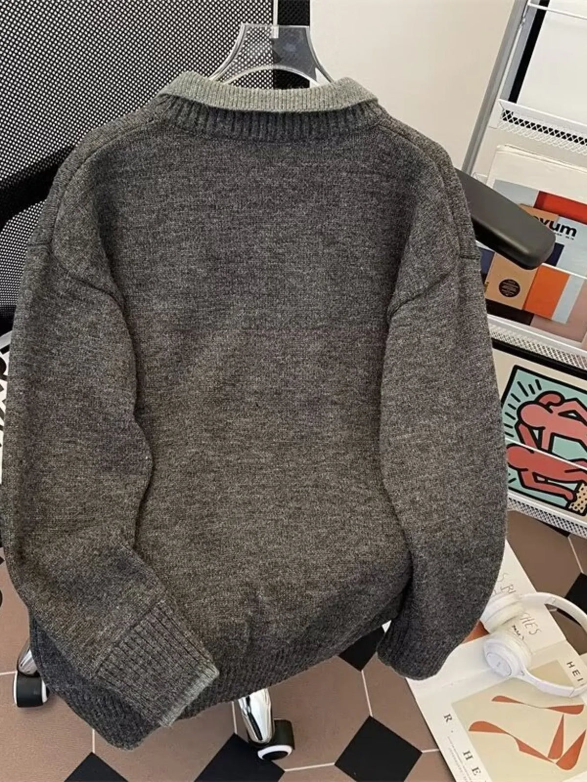 Gray long-sleeve knit sweater with ribbed cuffs and hem, crew back view