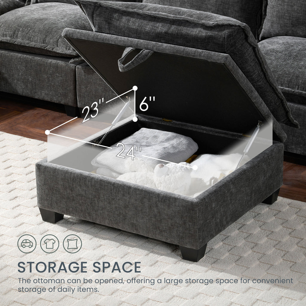 Gray chenille storage ottoman with open lid and visible inner compartment.