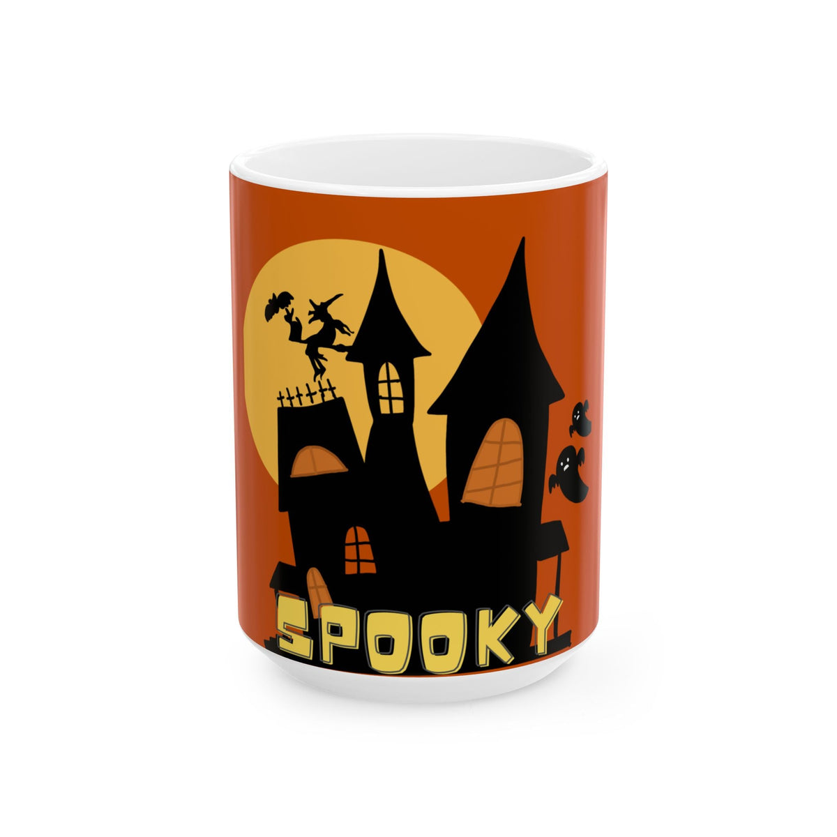 Orange ceramic Halloween mug with haunted house graphic and yellow "Spooky" text