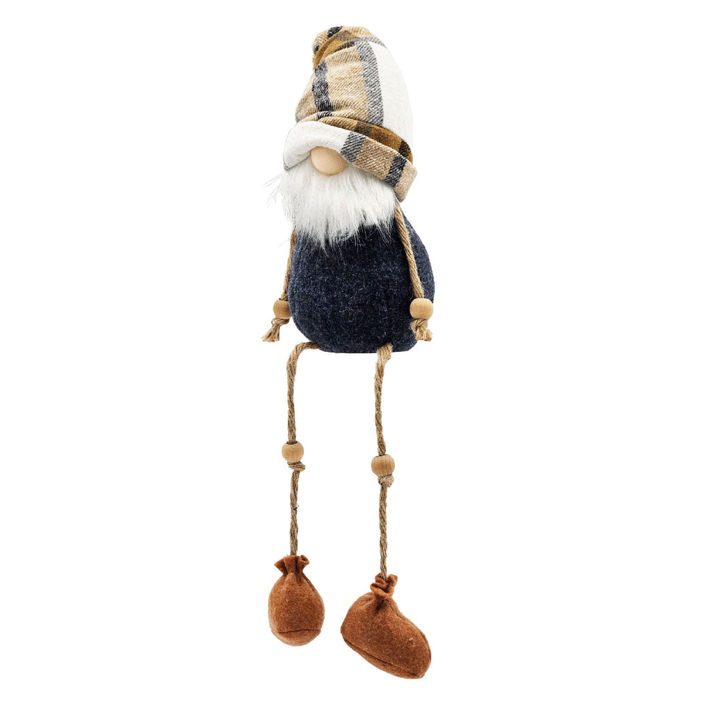 Small standing gnome decoration with plaid hat, white beard, navy body, brown dangling legs
