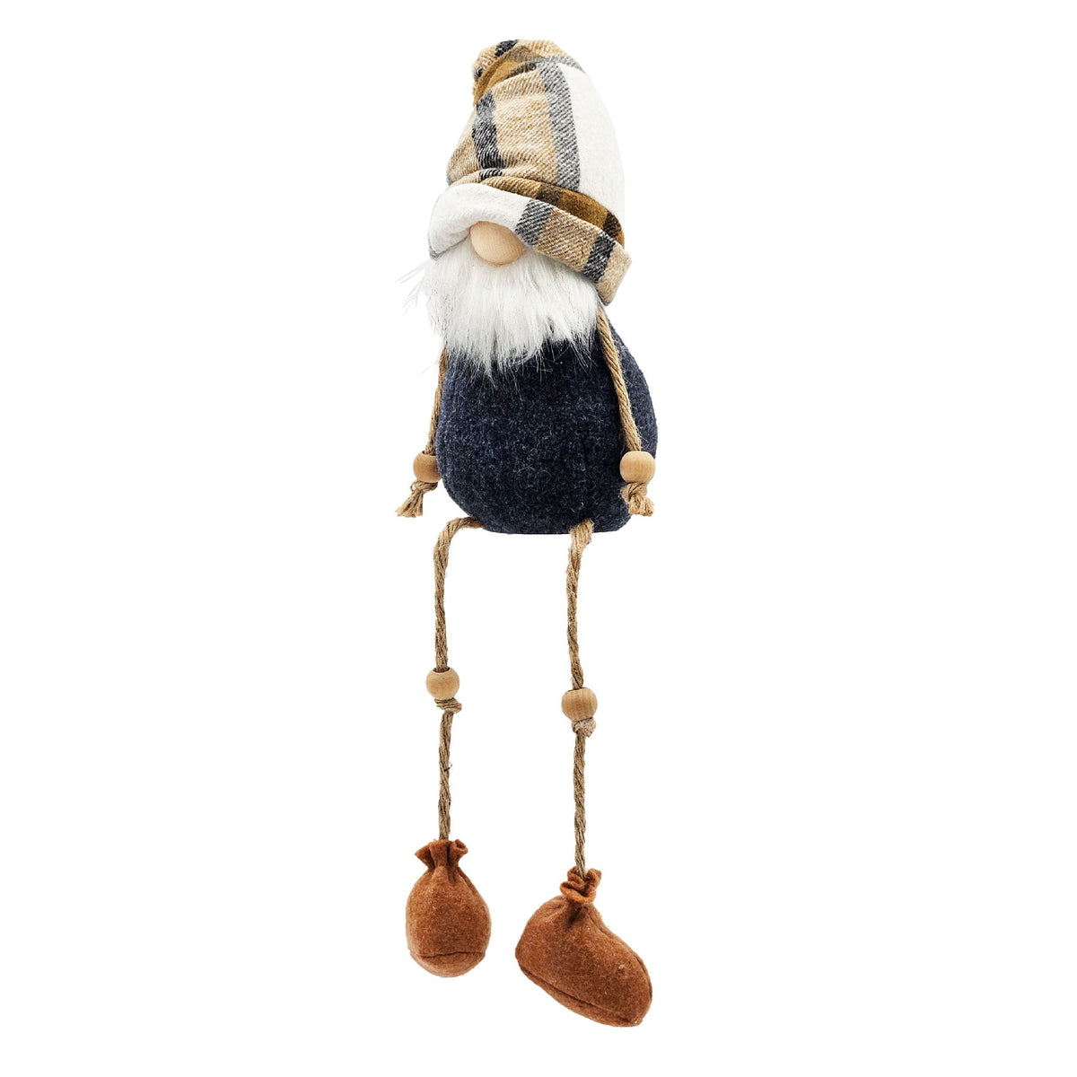 Small standing gnome decoration with plaid hat, white beard, navy body, brown dangling legs