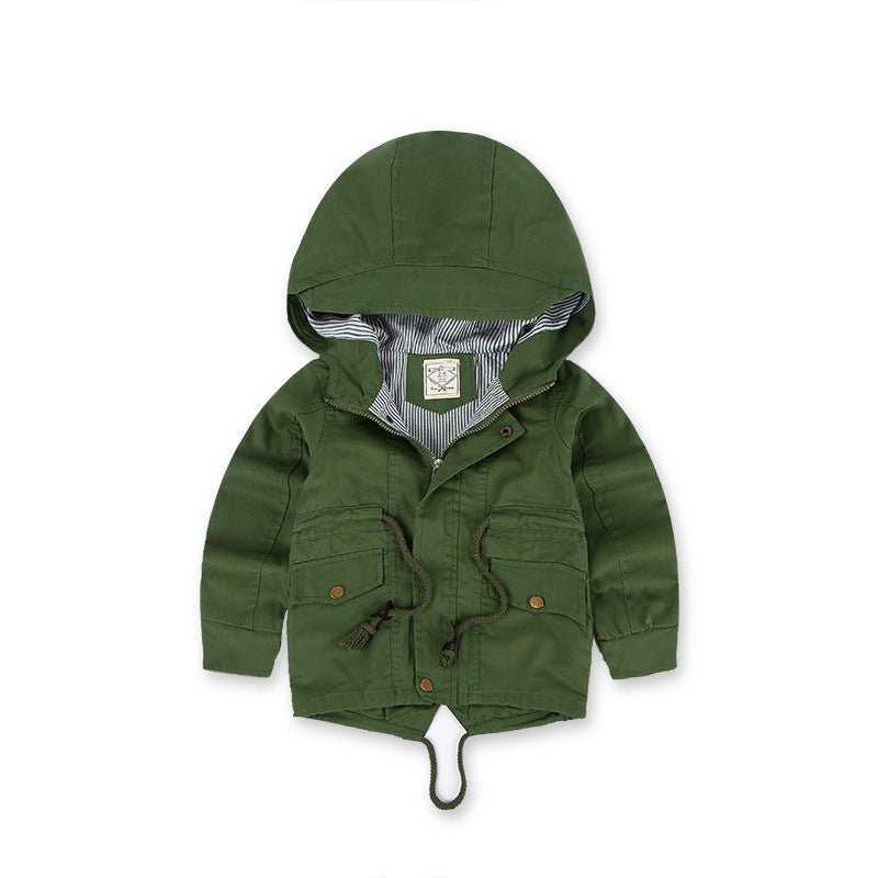 Boys hooded winter coat in green with zip front, snap pockets, and sherpa-lined hood.