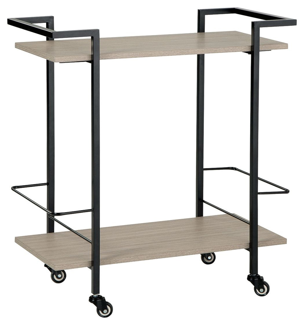 Two-tier bar cart with light wood shelves and dark metal frame, caster wheels