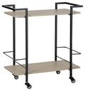 Two-tier bar cart with light wood shelves and dark metal frame, caster wheels