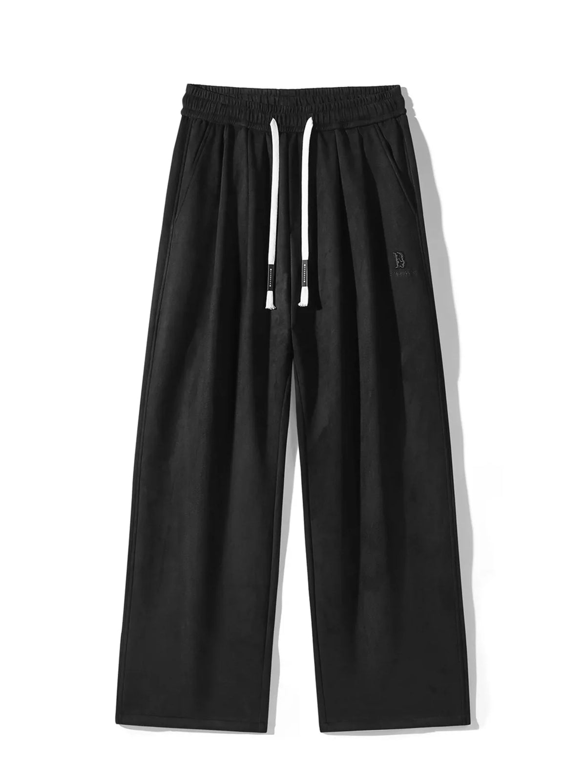 Men's black drawstring wide-leg pants with elastic waist, front pleats