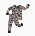 Bamboo pajama set with black cartoon dog print, long sleeves and cuffed pants